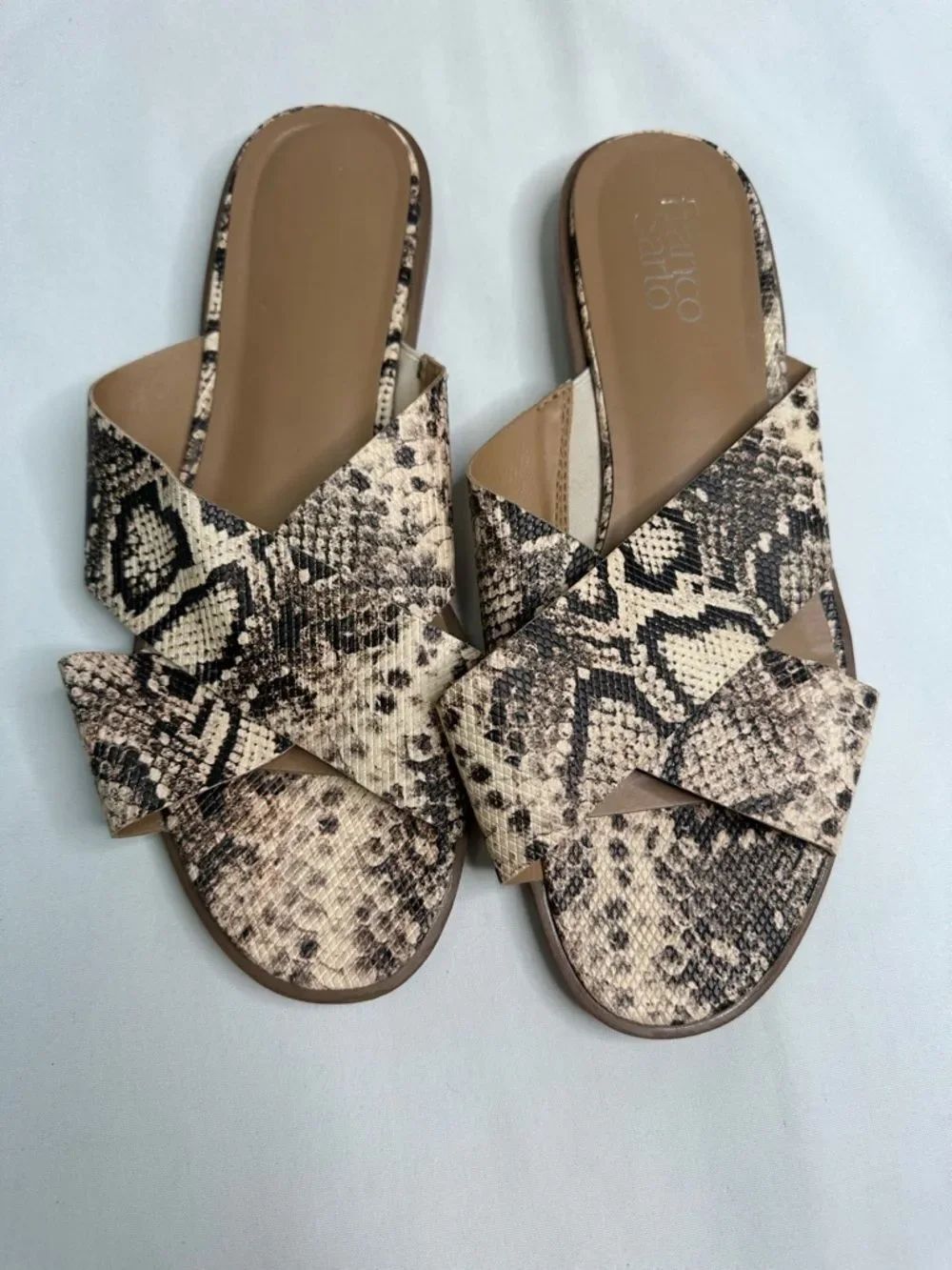 Franco Sarto Taupe & Black Snake-Print Crisscross Slide Sandal